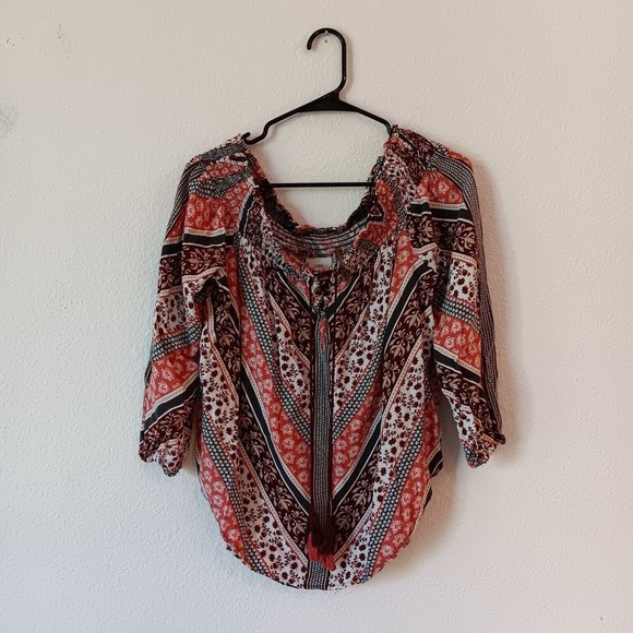 Knox Rose Womens Top XL Maroon Chevron Floral Boho Smocked Off The Shoulder Crop - Picture 1 of 7